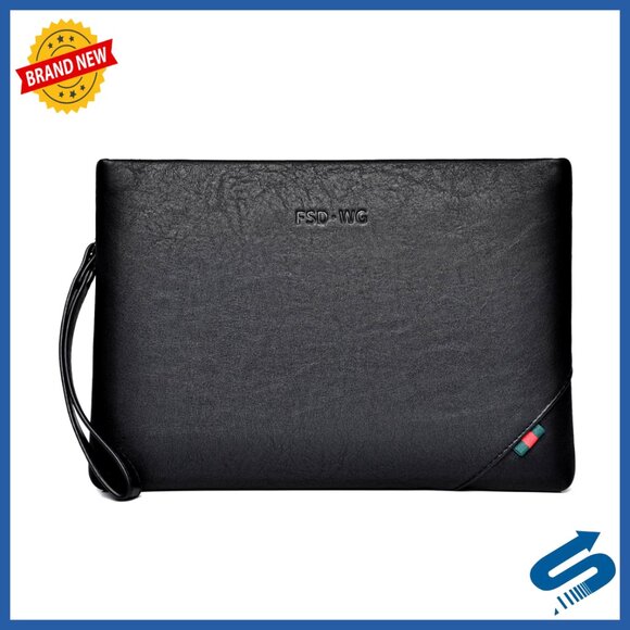 Large Leather Clutch Bag with Wrist Strap for Men Business Travel Accessory